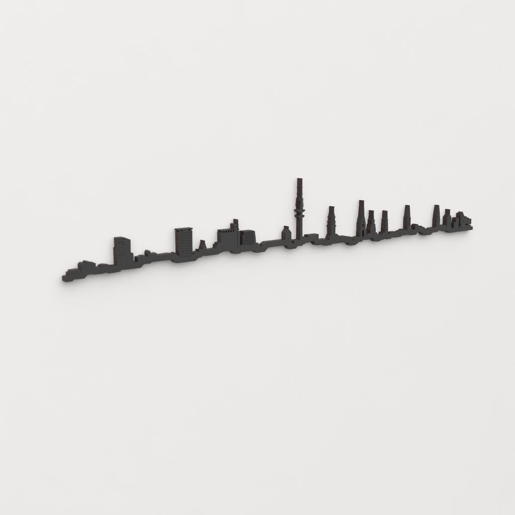 Vista en perspectiva de la silueta del skyline de Hamburgo en madera negra.