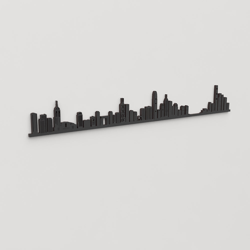 Skyline Hong Kong en perspectiva lateral de madera negra.
