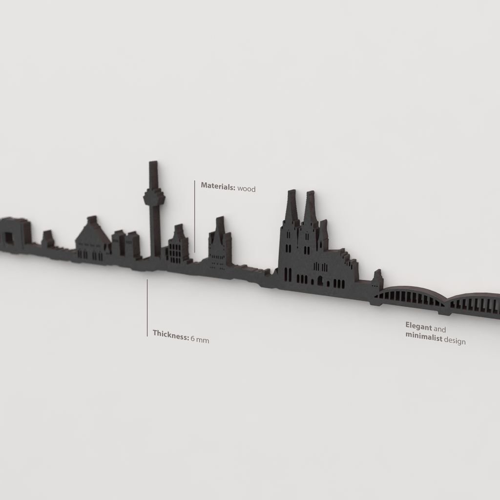 Vista en perspectiva de la silueta del skyline de Köln en madera negra.