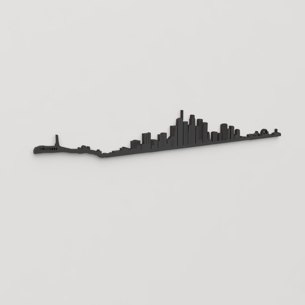 Perspectiva lateral del skyline Los Angeles en madera negra.