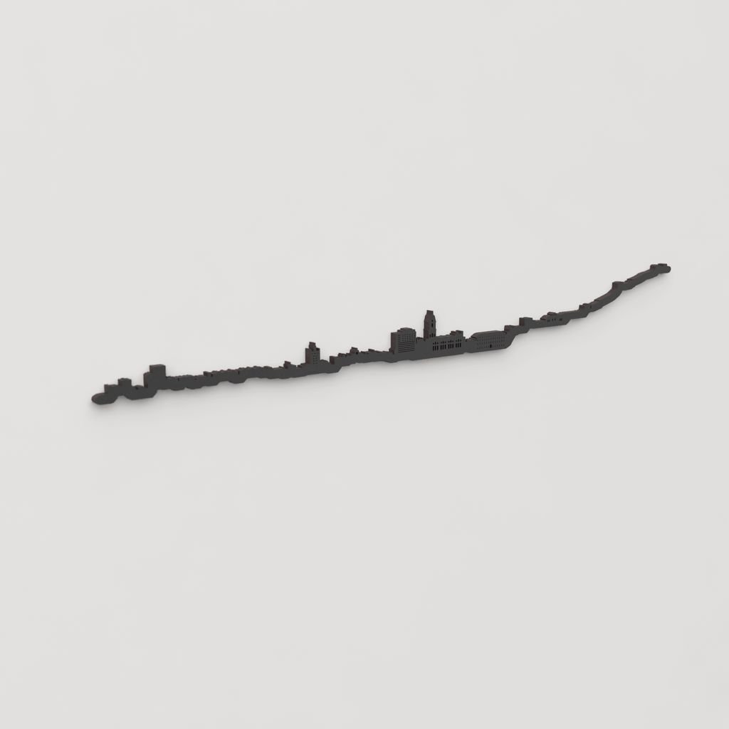 Perspectiva lateral del skyline Málaga en madera negra.