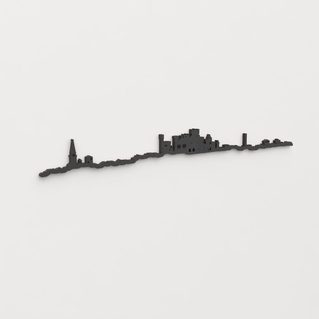 Perspectiva lateral del skyline Olite en madera negra.