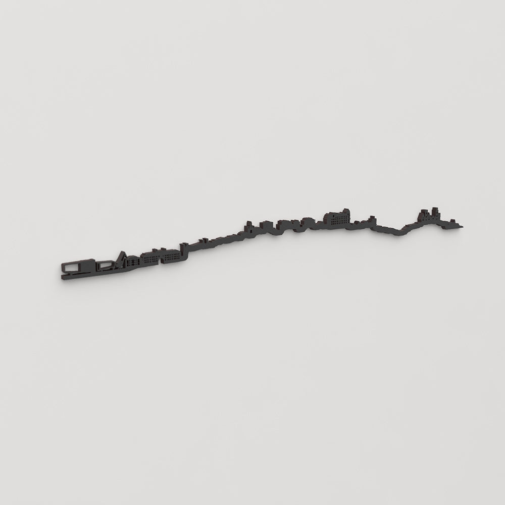 Perspectiva lateral del skyline Santander en madera negra.