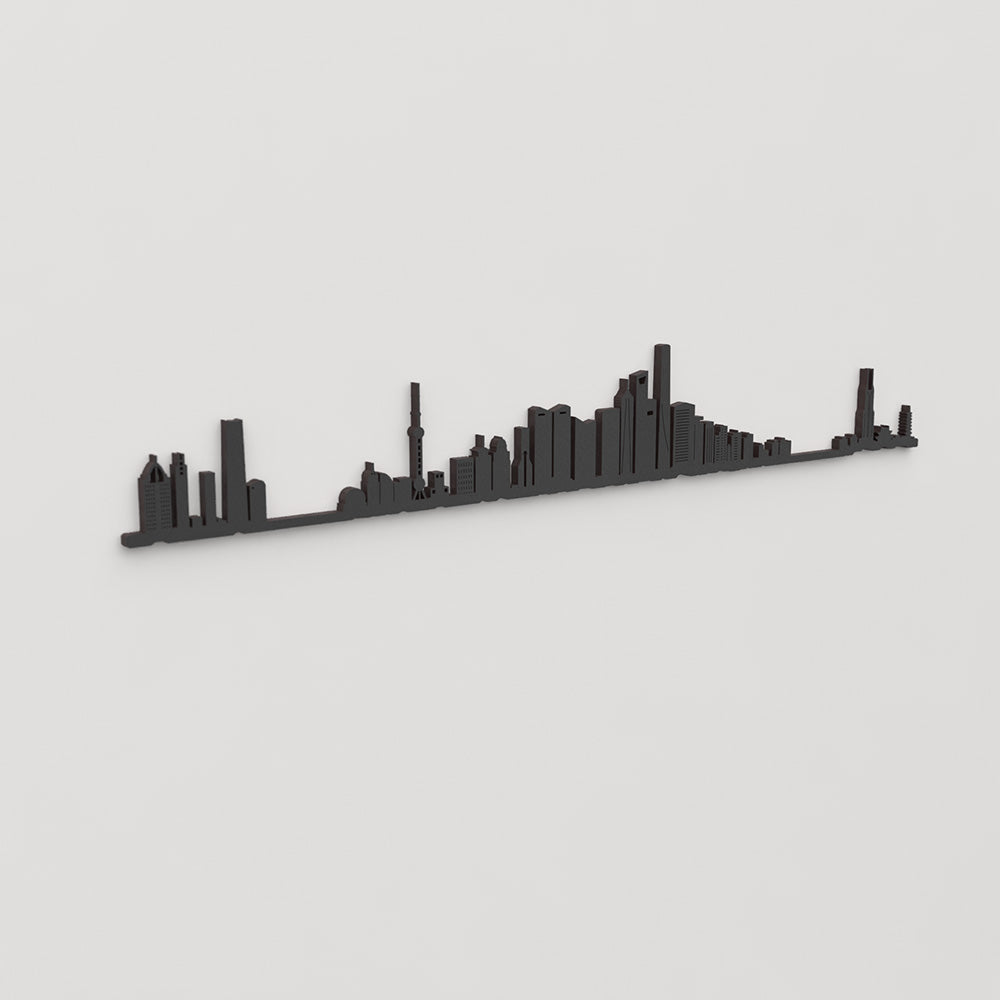Perspectiva lateral del skyline Shanghái en madera negra.
