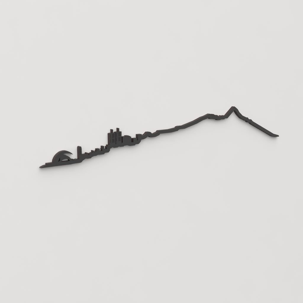 Vista en perspectiva de la silueta del skyline de Tenerife en madera negra.